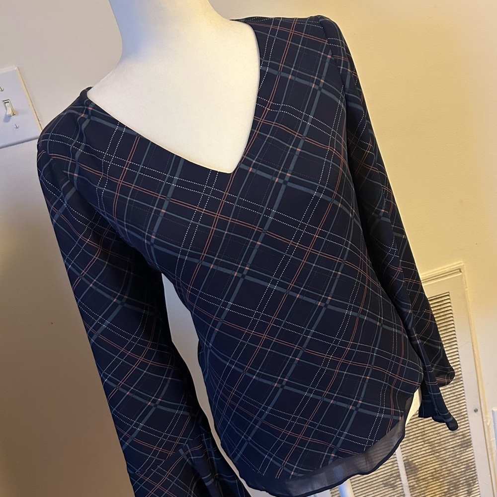 NWT Navy Plaid V-Neck Blouse